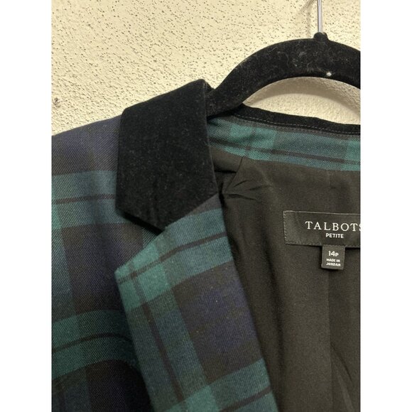 Talbots Blazer Jacket 14 P Petite Wool Blend Tartan Green Navy Plaid Velvet Trim - Picture 6 of 9